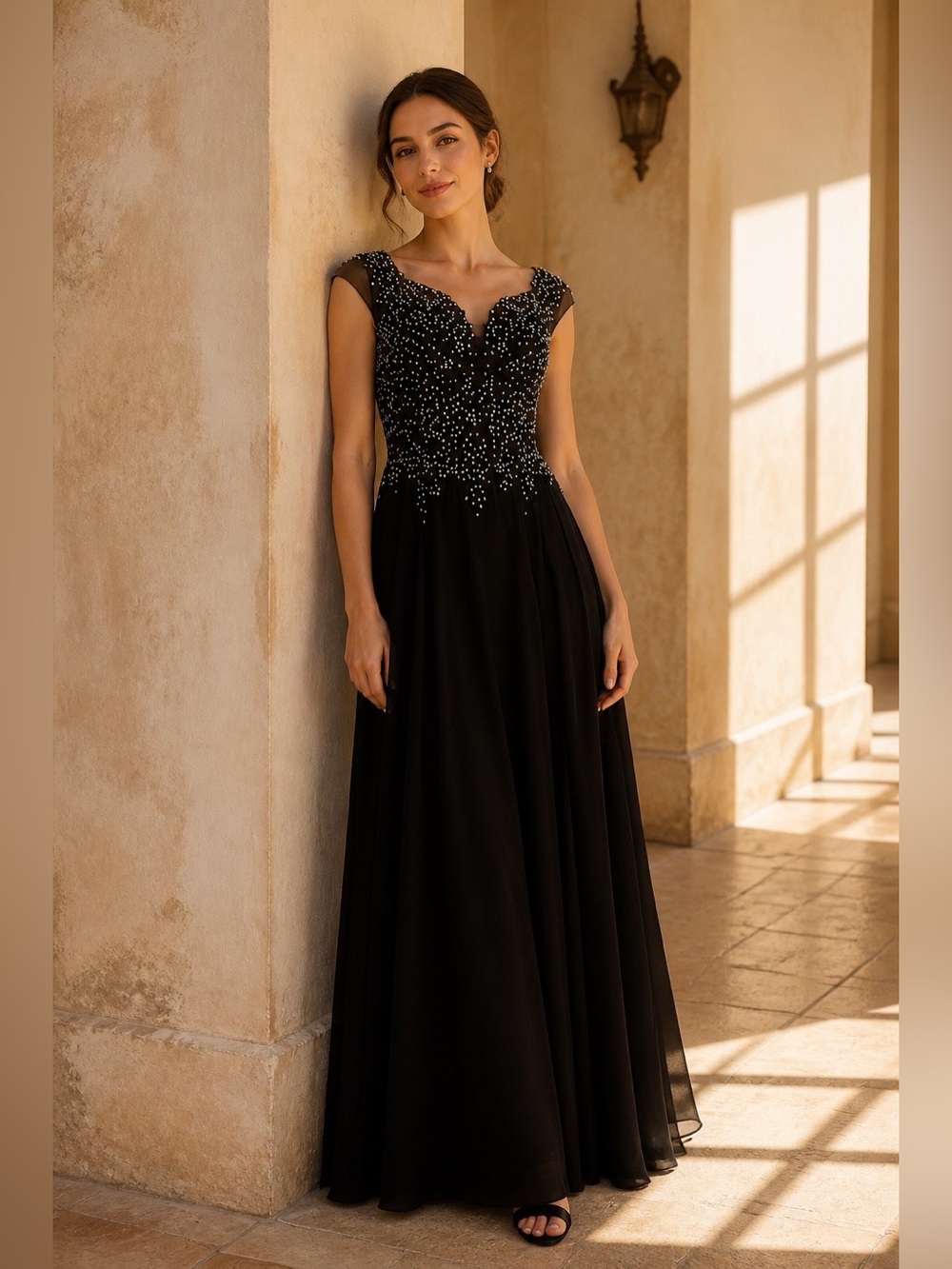 Blondie Nites Black Beaded Chiffon Formal Gown Size 0 Formal Evening Dress